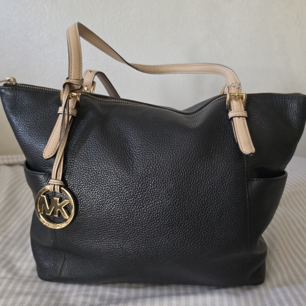 Michael Kors Black Pebbled Leather Tote with Beige Straps